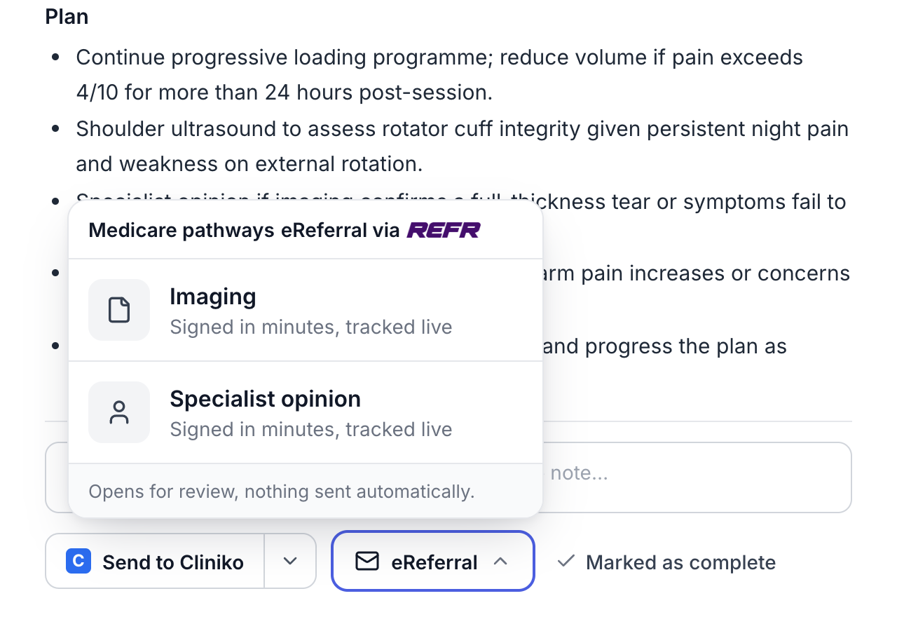The eReferral via Refr menu inside a PatientNotes note, offering Imaging and Specialist opinion pathways