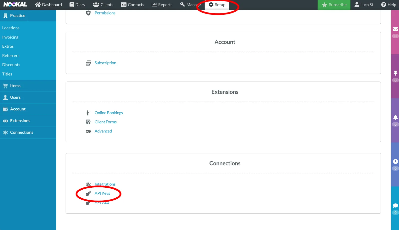 Nookal setup step 1: Open the API key settings