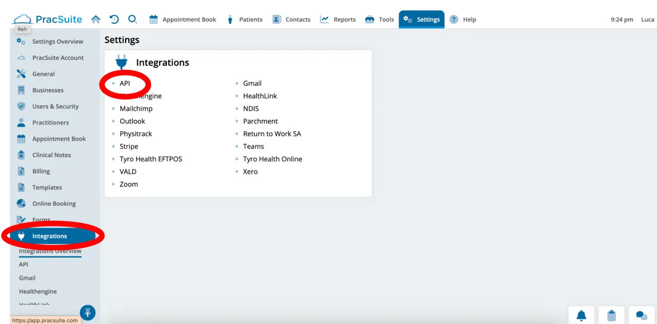 PracSuite setup step 1: Open the API settings